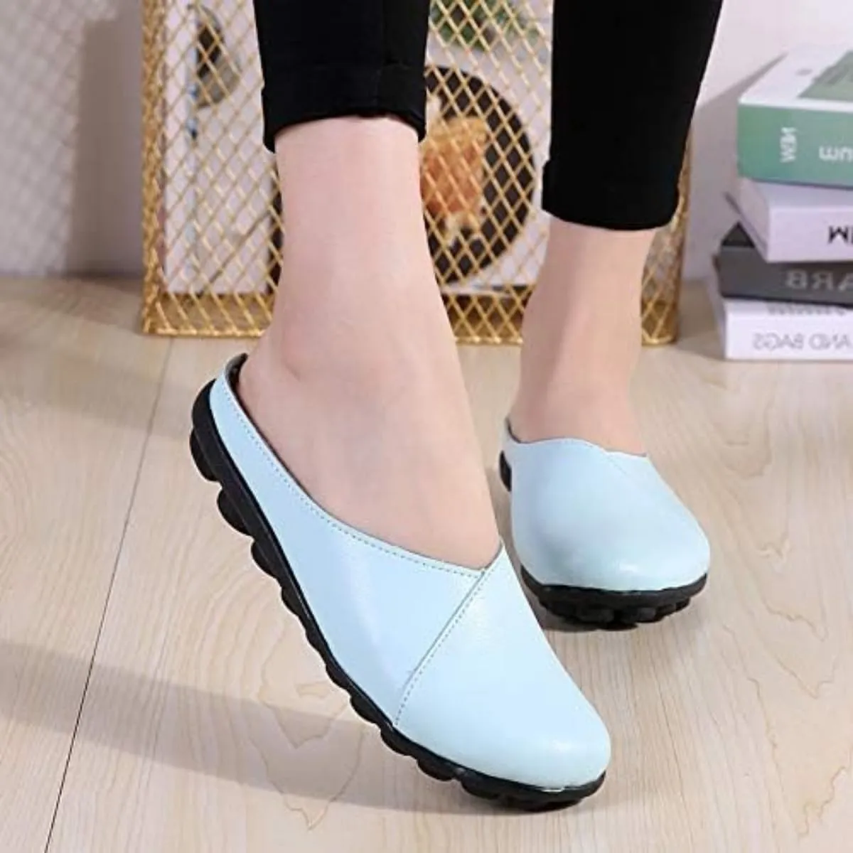 Women's Leather Slippers, Comfortable Backless Slip-On Loafers for Women, Wide Fit, Flat Shoes, Nursing Shoes, Casual Loafers