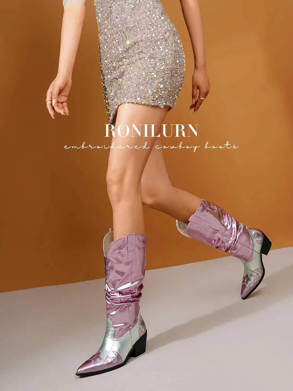 Women's Mid Calf Slouchy Boots Metallic Cowboy Cowgirl Western Pull On Chunky Heel Boots for Women Wrinkled