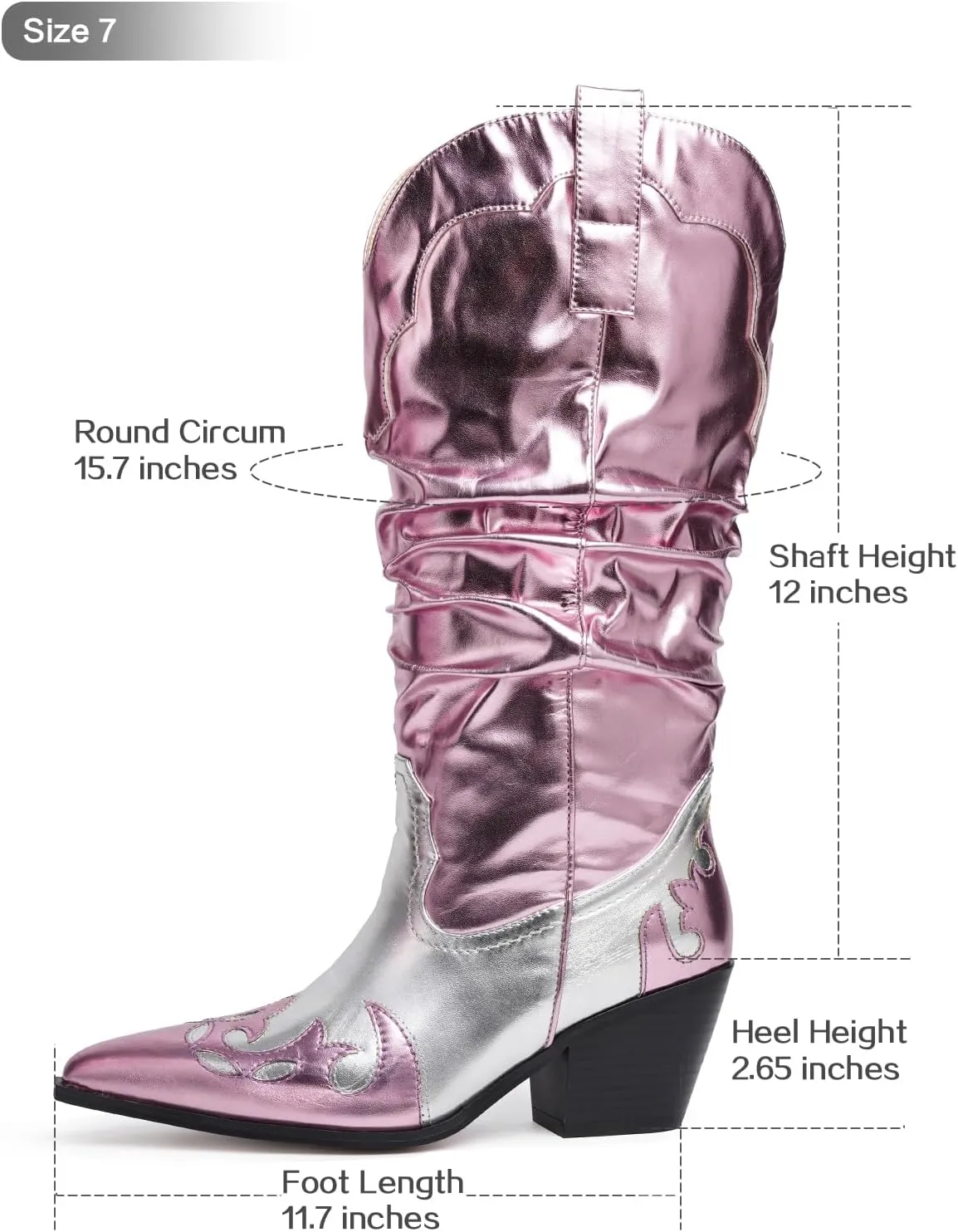 Women's Mid Calf Slouchy Boots Metallic Cowboy Cowgirl Western Pull On Chunky Heel Boots for Women Wrinkled