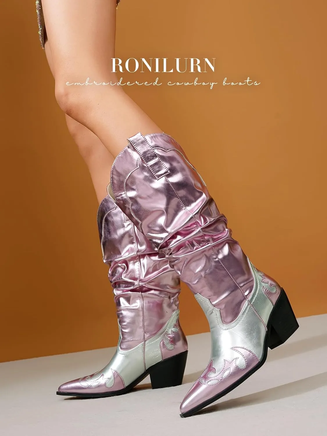 Women's Mid Calf Slouchy Boots Metallic Cowboy Cowgirl Western Pull On Chunky Heel Boots for Women Wrinkled