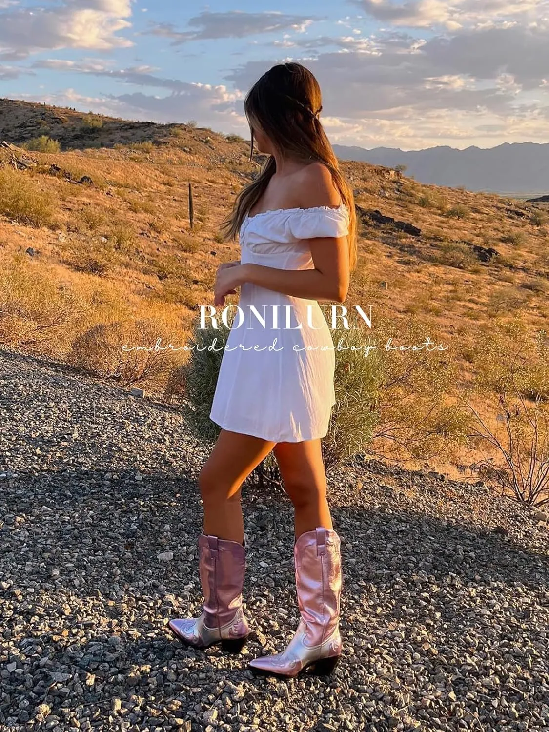 Women's Mid Calf Slouchy Boots Metallic Cowboy Cowgirl Western Pull On Chunky Heel Boots for Women Wrinkled