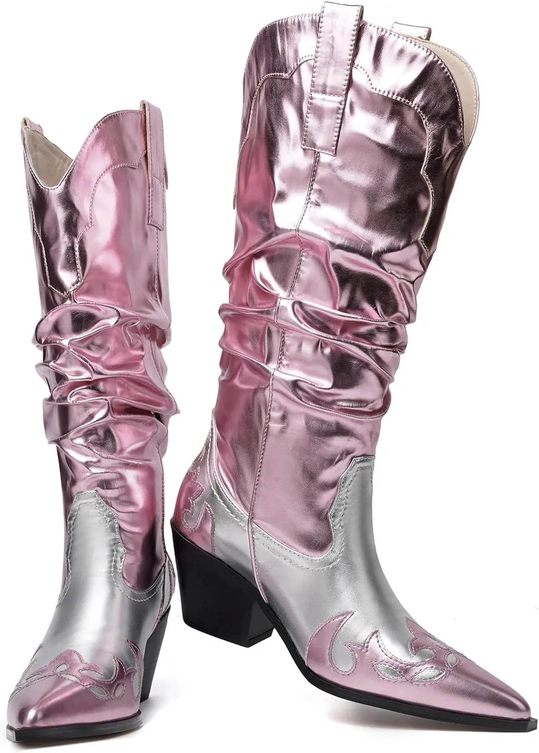 Women's Mid Calf Slouchy Boots Metallic Cowboy Cowgirl Western Pull On Chunky Heel Boots for Women Wrinkled
