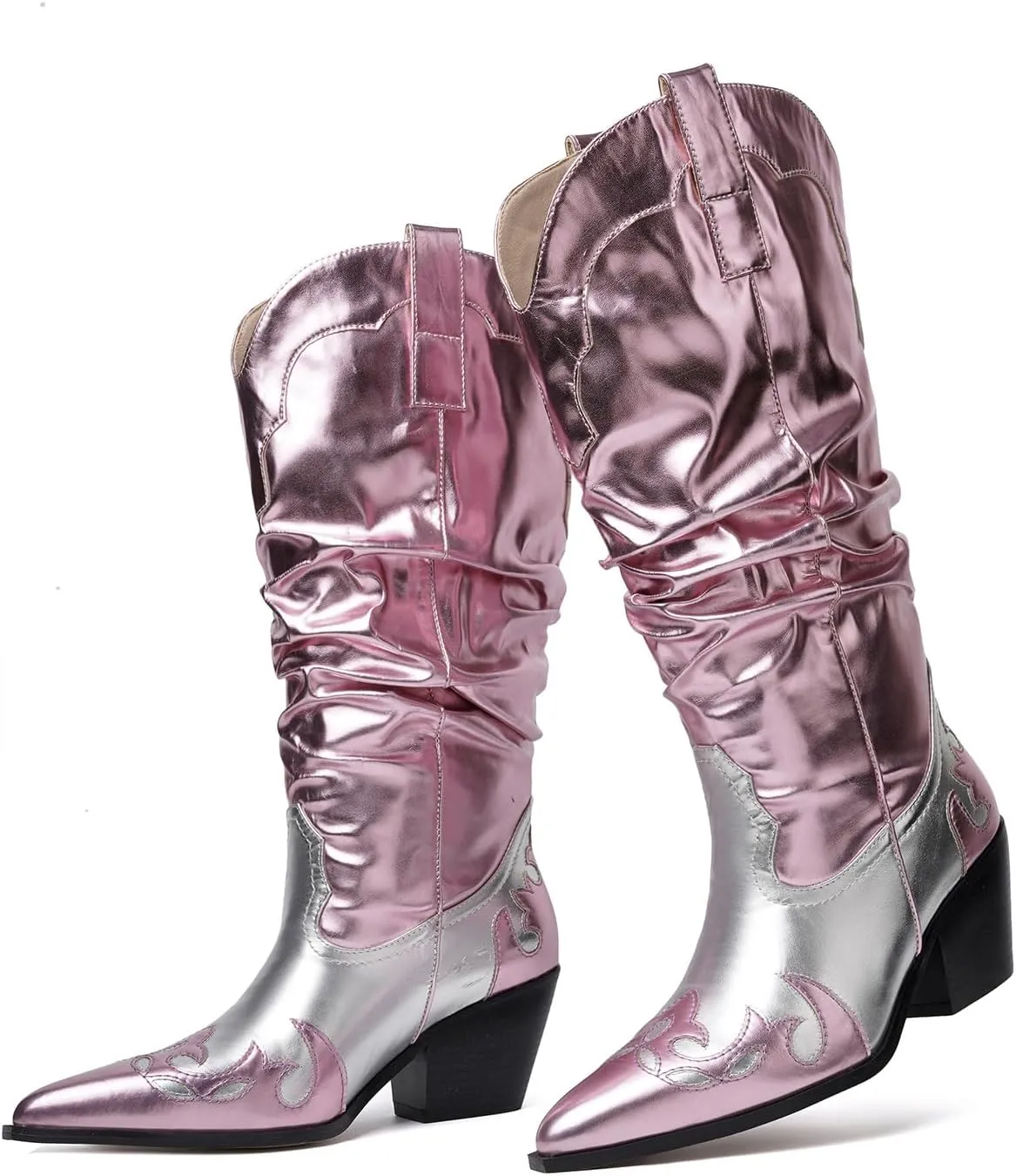 Women's Mid Calf Slouchy Boots Metallic Cowboy Cowgirl Western Pull On Chunky Heel Boots for Women Wrinkled
