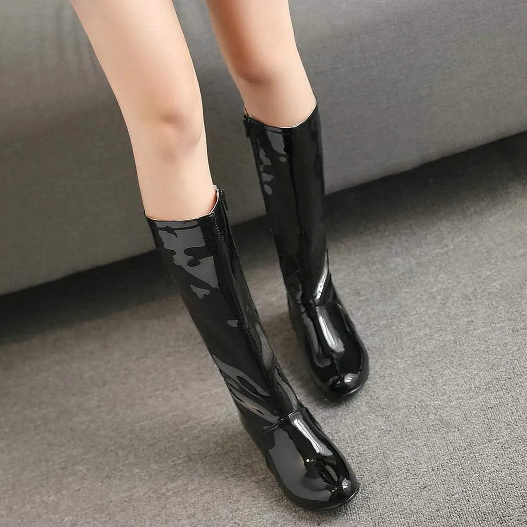 Womens Patent Leather Zip Up Knee High Flat Mid Calf Boots