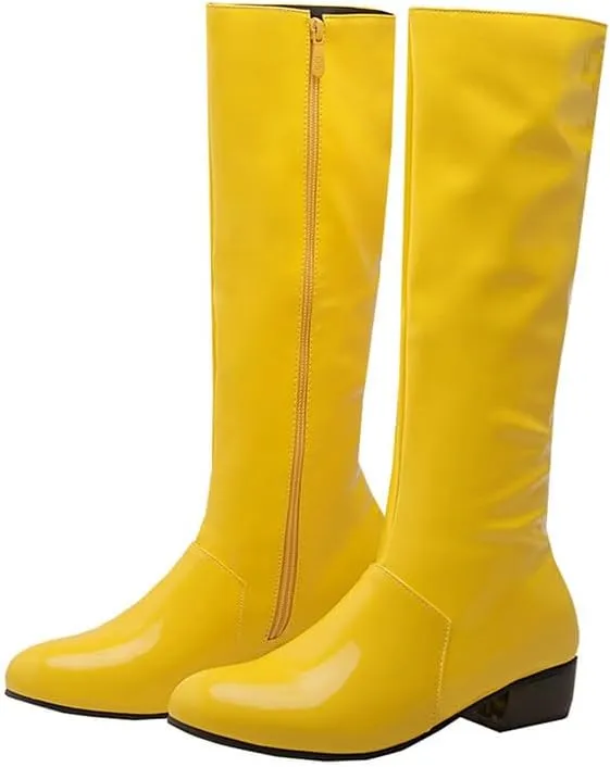 Womens Patent Leather Zip Up Knee High Flat Mid Calf Boots