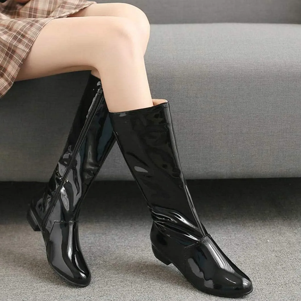 Womens Patent Leather Zip Up Knee High Flat Mid Calf Boots