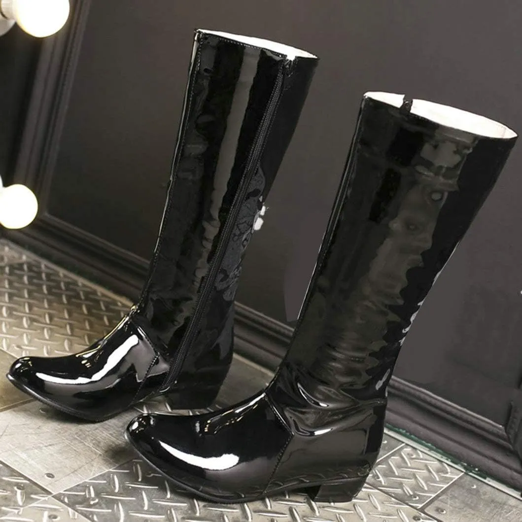Womens Patent Leather Zip Up Knee High Flat Mid Calf Boots