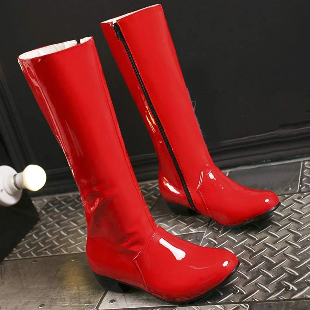 Womens Patent Leather Zip Up Knee High Flat Mid Calf Boots