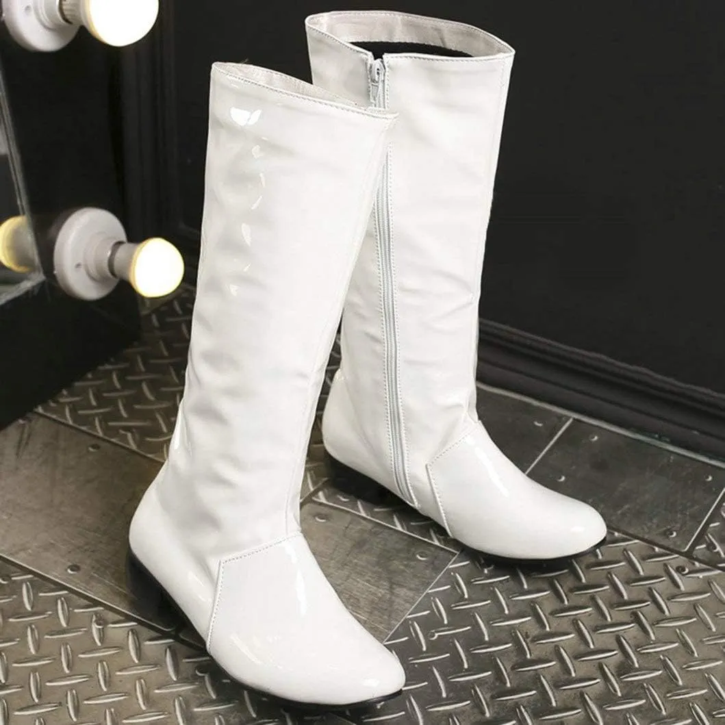 Womens Patent Leather Zip Up Knee High Flat Mid Calf Boots