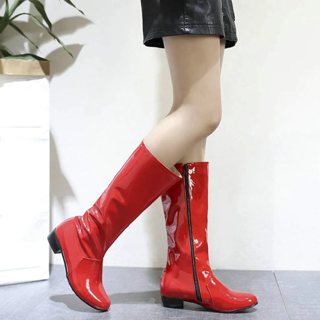 Womens Patent Leather Zip Up Knee High Flat Mid Calf Boots