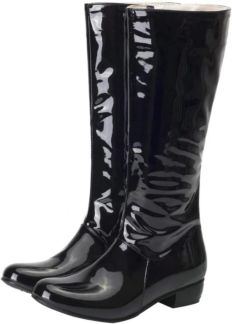 Womens Patent Leather Zip Up Knee High Flat Mid Calf Boots