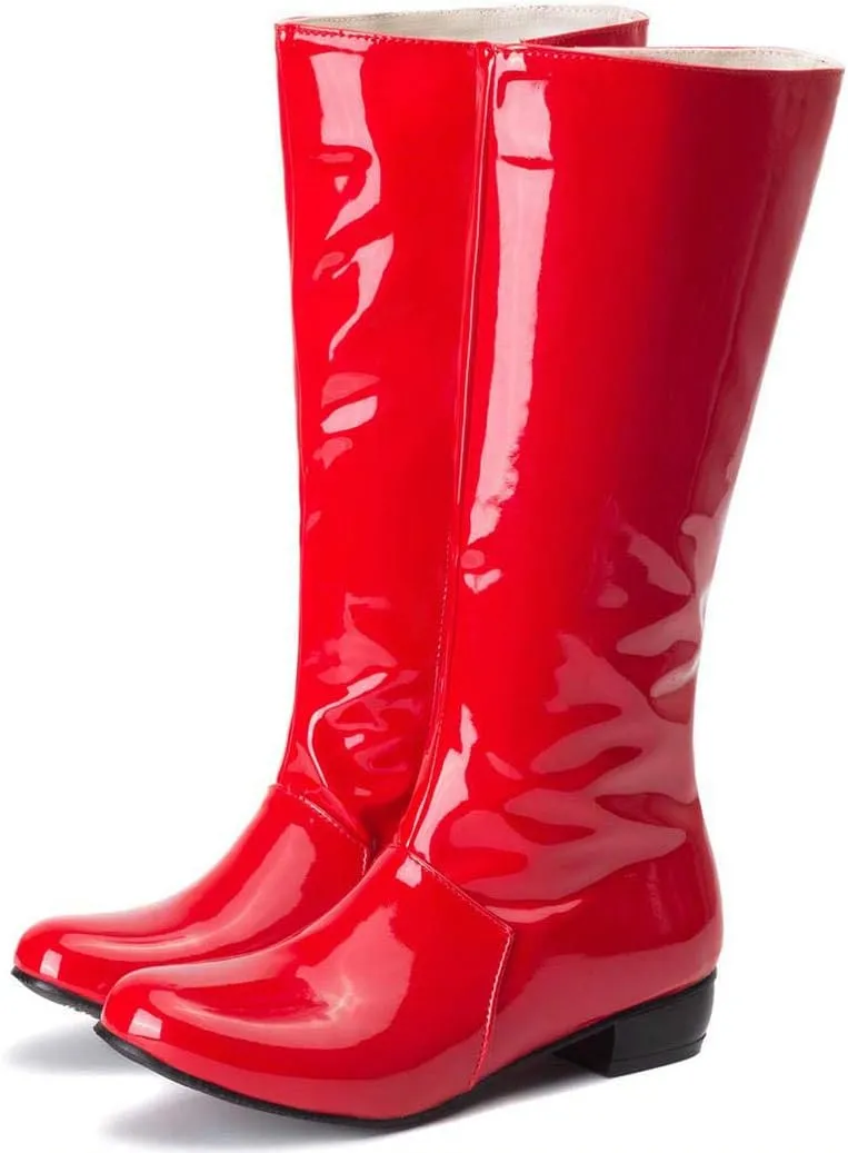 Womens Patent Leather Zip Up Knee High Flat Mid Calf Boots