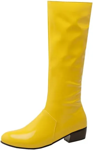Womens Patent Leather Zip Up Knee High Flat Mid Calf Boots