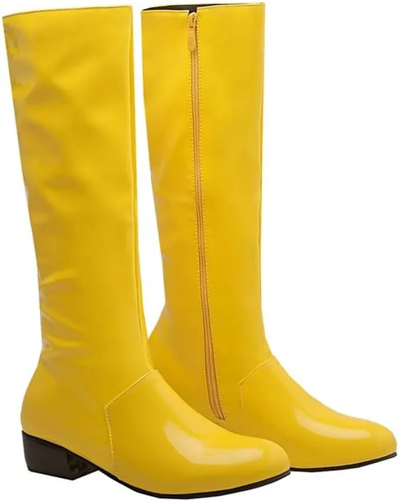 Womens Patent Leather Zip Up Knee High Flat Mid Calf Boots