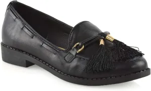 Womens Penny Loafers Flat Low Heel Tassel Black Slip On Shoes