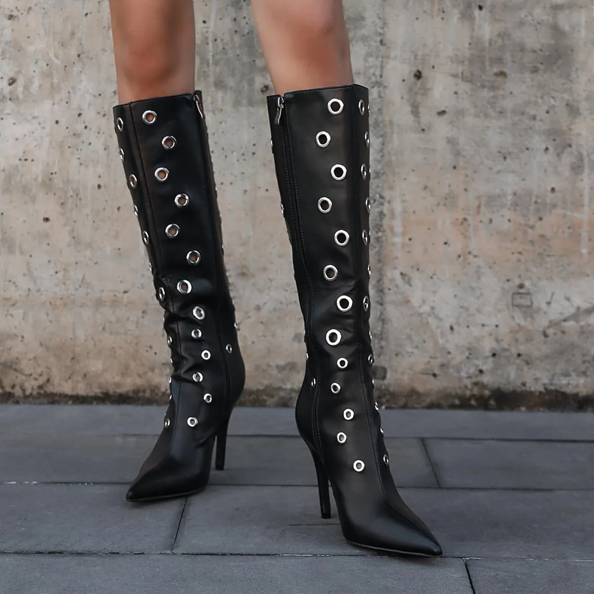 Women's Pointed Toe Pull On Zipper Knee Boots Metal Rings Design Stiletto Heel Comfort Black Leather Mid Calf Boots