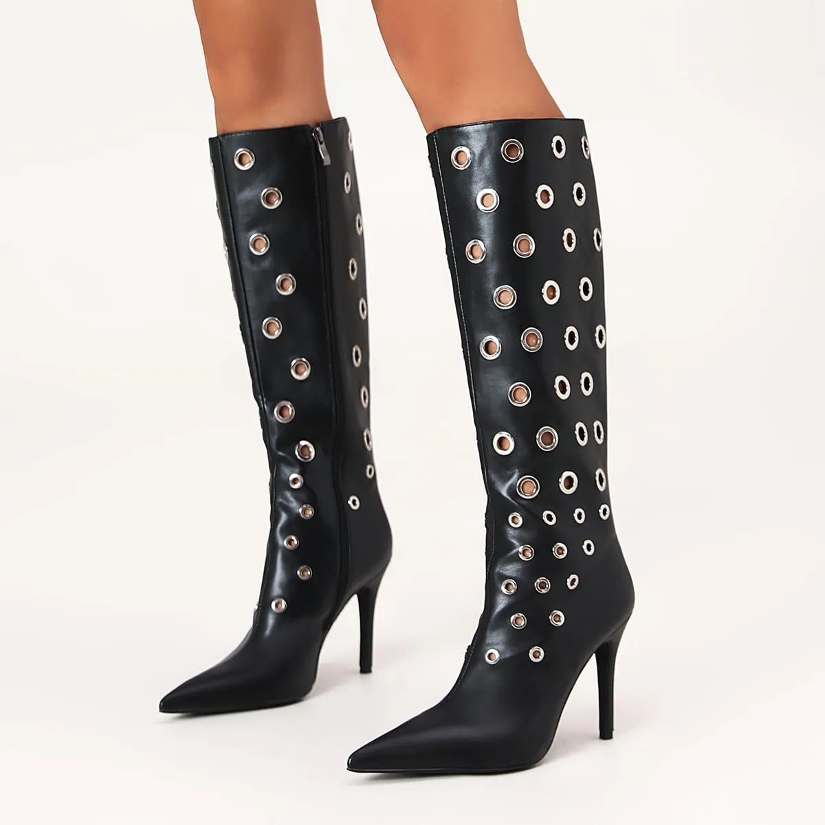 Women's Pointed Toe Pull On Zipper Knee Boots Metal Rings Design Stiletto Heel Comfort Black Leather Mid Calf Boots