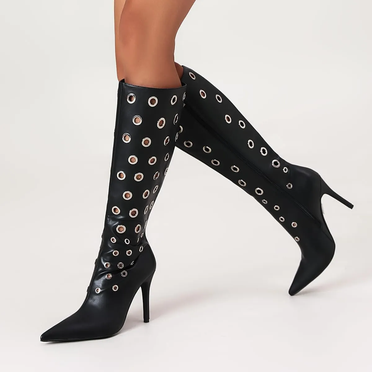 Women's Pointed Toe Pull On Zipper Knee Boots Metal Rings Design Stiletto Heel Comfort Black Leather Mid Calf Boots