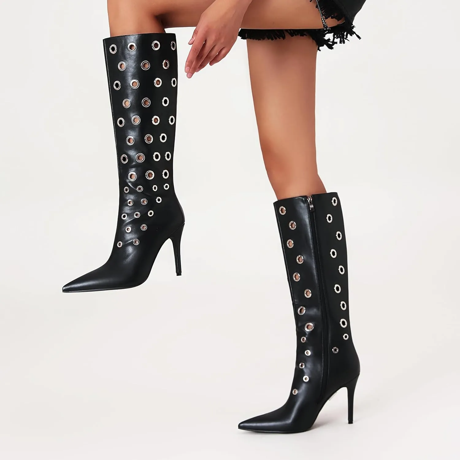 Women's Pointed Toe Pull On Zipper Knee Boots Metal Rings Design Stiletto Heel Comfort Black Leather Mid Calf Boots