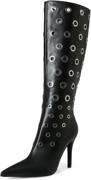 Women's Pointed Toe Pull On Zipper Knee Boots Metal Rings Design Stiletto Heel Comfort Black Leather Mid Calf Boots