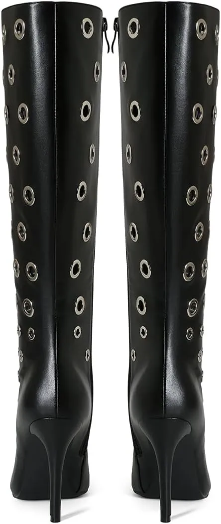 Women's Pointed Toe Pull On Zipper Knee Boots Metal Rings Design Stiletto Heel Comfort Black Leather Mid Calf Boots