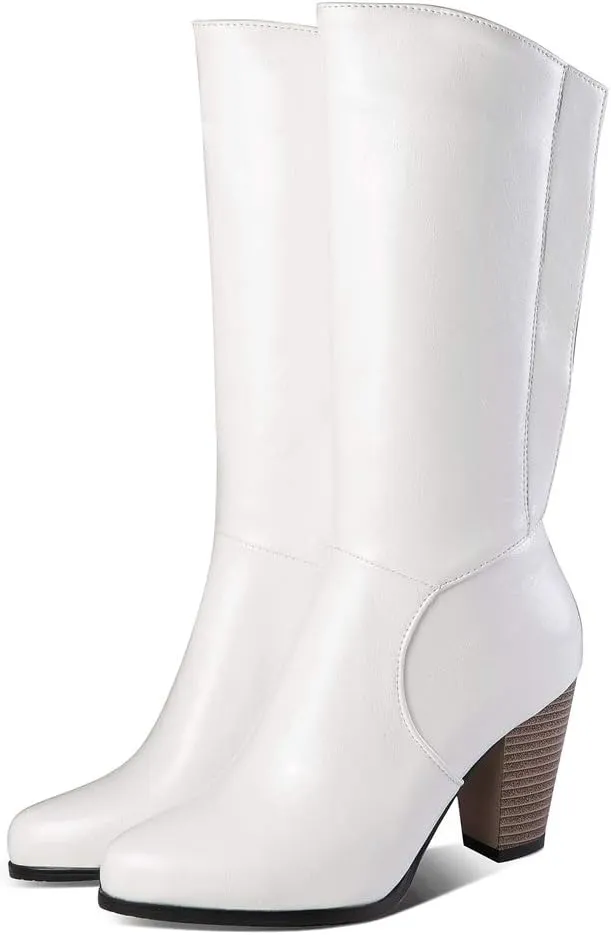 Womens Stacked Chunky Heel Mid Calf Boots Block High Heeled Round Toe Zip Up Short Boots