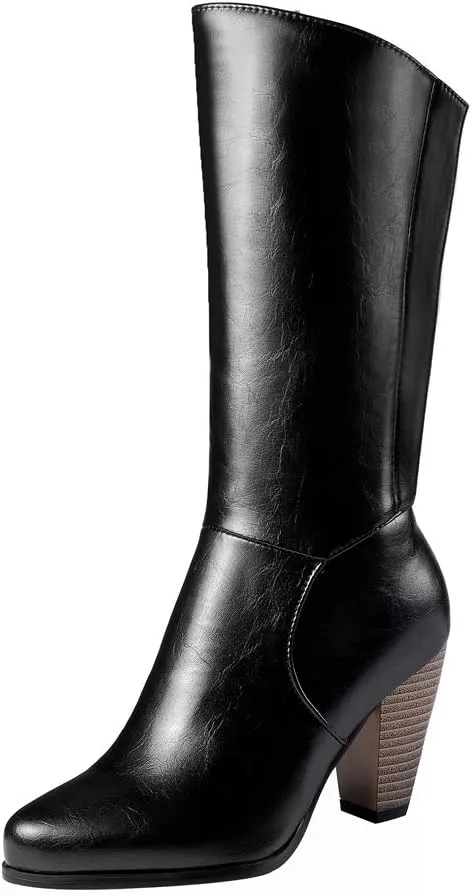 Womens Stacked Chunky Heel Mid Calf Boots Block High Heeled Round Toe Zip Up Short Boots
