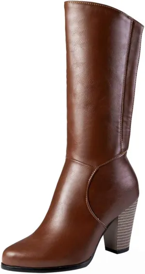 Womens Stacked Chunky Heel Mid Calf Boots Block High Heeled Round Toe Zip Up Short Boots