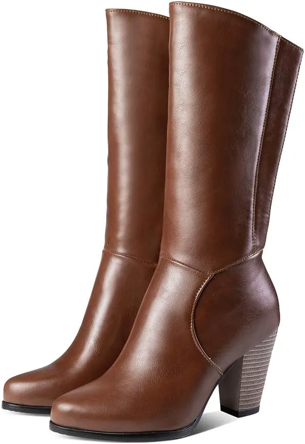 Womens Stacked Chunky Heel Mid Calf Boots Block High Heeled Round Toe Zip Up Short Boots