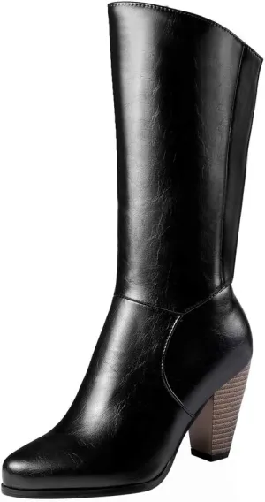 Womens Stacked Chunky Heel Mid Calf Boots Block High Heeled Round Toe Zip Up Short Boots