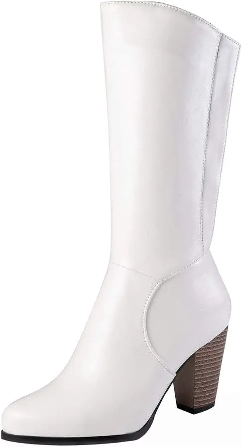 Womens Stacked Chunky Heel Mid Calf Boots Block High Heeled Round Toe Zip Up Short Boots