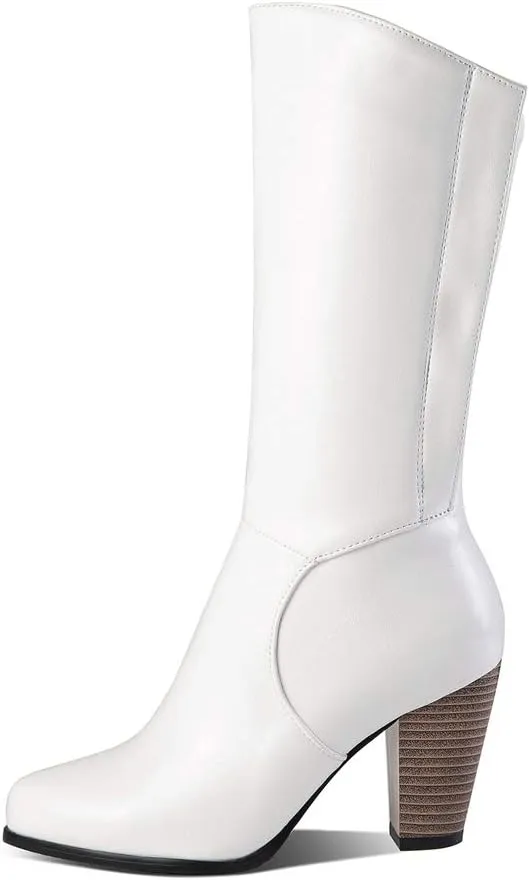 Womens Stacked Chunky Heel Mid Calf Boots Block High Heeled Round Toe Zip Up Short Boots