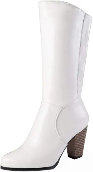 Womens Stacked Chunky Heel Mid Calf Boots Block High Heeled Round Toe Zip Up Short Boots