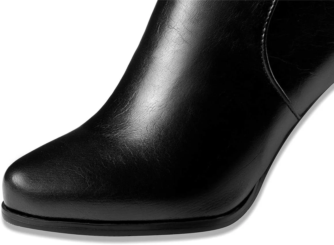 Womens Stacked Chunky Heel Mid Calf Boots Block High Heeled Round Toe Zip Up Short Boots
