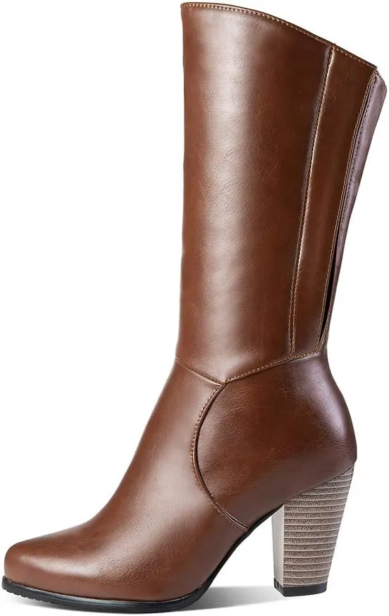 Womens Stacked Chunky Heel Mid Calf Boots Block High Heeled Round Toe Zip Up Short Boots