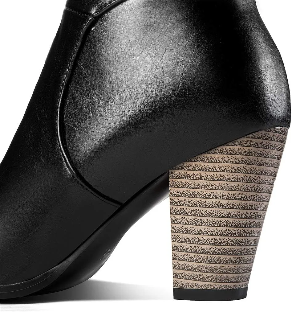 Womens Stacked Chunky Heel Mid Calf Boots Block High Heeled Round Toe Zip Up Short Boots