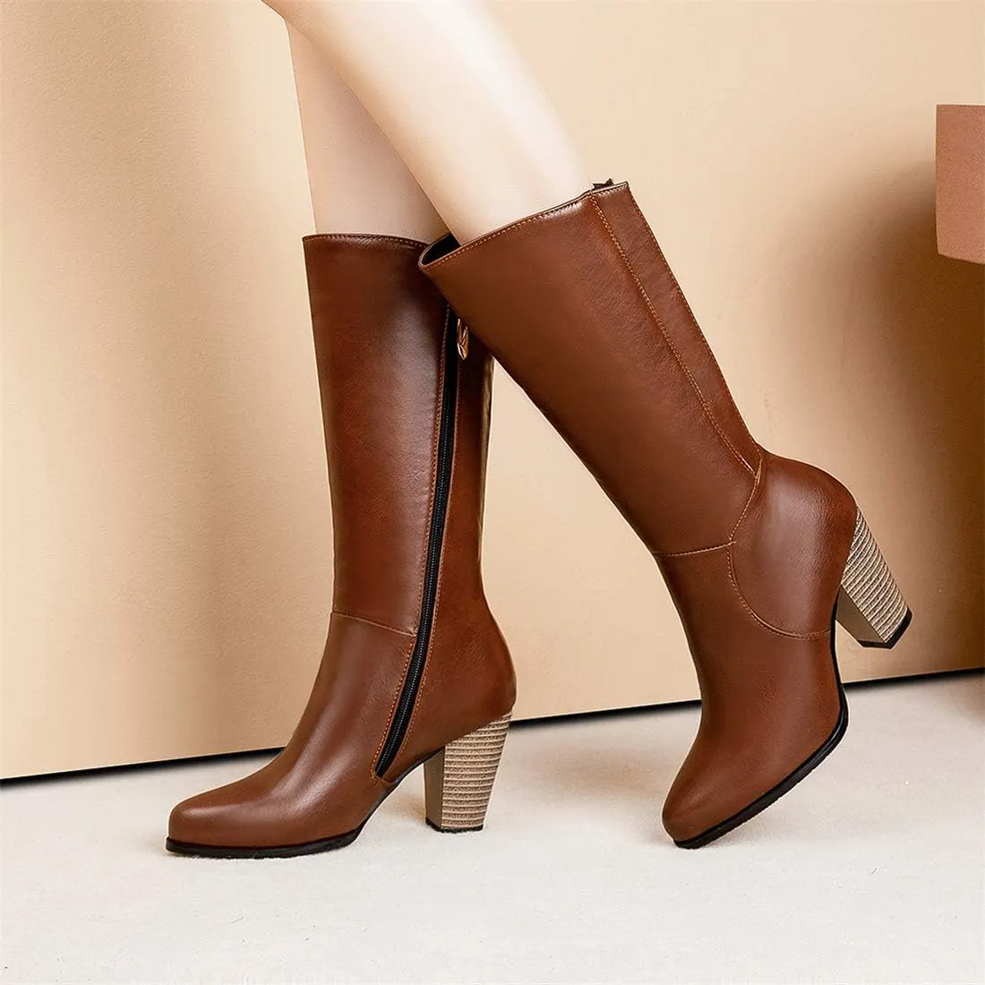 Womens Stacked Chunky Heel Mid Calf Boots Block High Heeled Round Toe Zip Up Short Boots