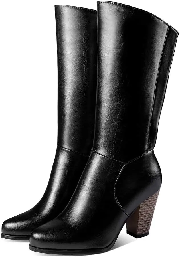 Womens Stacked Chunky Heel Mid Calf Boots Block High Heeled Round Toe Zip Up Short Boots