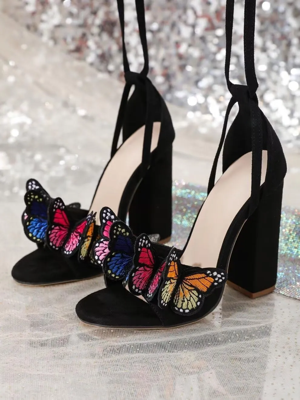 Women's Strappy Chunky Heels Sandals Butterfly Lace Up Ankle Wrap Heel Wedding Bridal Heeled Sandals Shoes