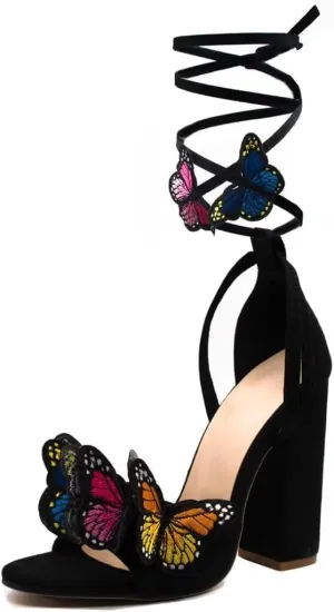 Women's Strappy Chunky Heels Sandals Butterfly Lace Up Ankle Wrap Heel Wedding Bridal Heeled Sandals Shoes