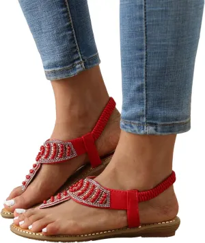 ZBYY Women's Summer Sandals Beach Bohemian Beaded Ankle Walking Strap Casual Thong Flip-Flop Flats Comfortable Shoes